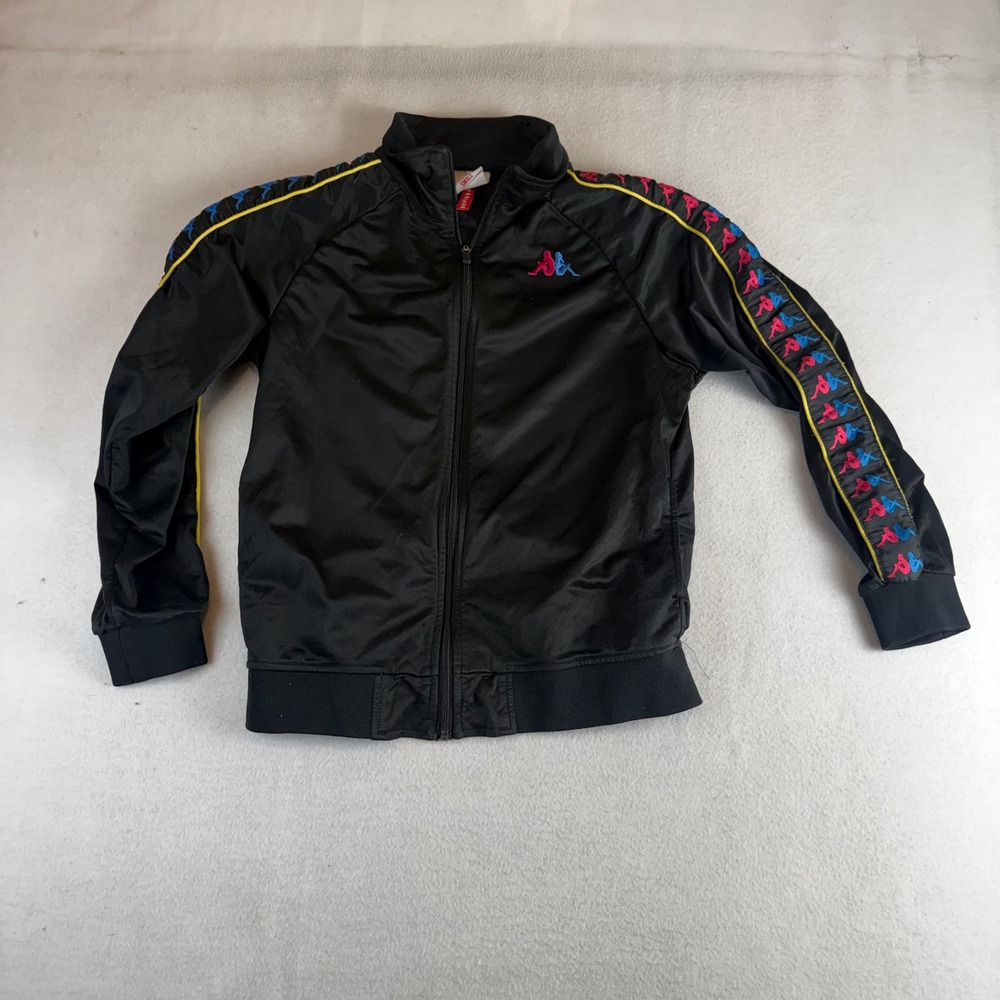 Kappa Womens Track Jacket Black Pink Blue Logo Tape Full Zip Mock Neck Small